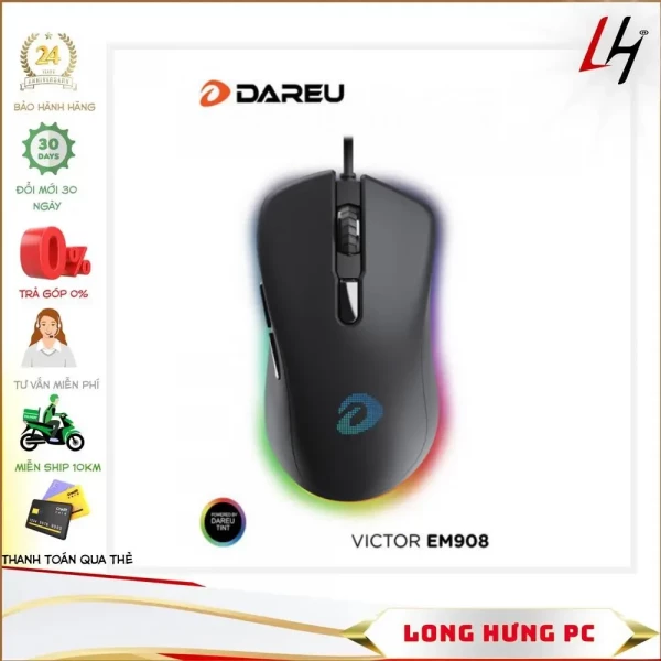 Chuột Gaming DAREU EM908 Pink / Black / White (LED RGB, BRAVO sensor)