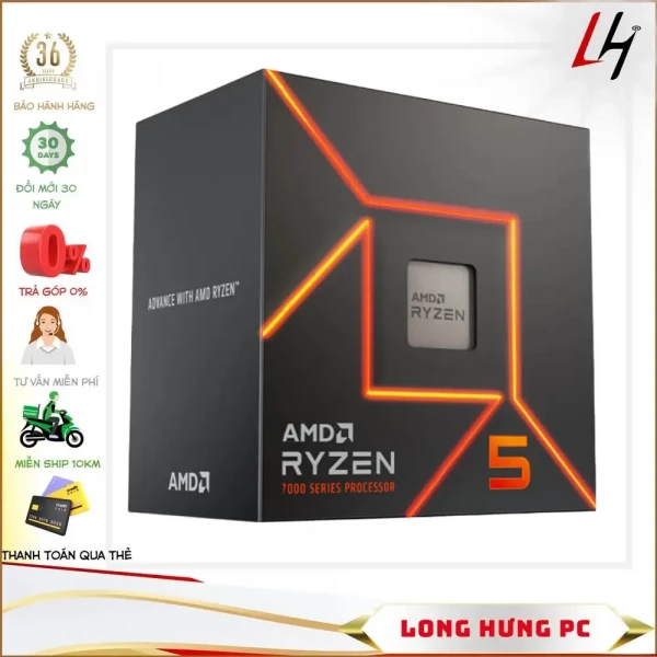 CPU AMD Ryzen 5 7500F (AMD AM5 - 6 Core - 12 Thread - Base 3.7Ghz - Turbo 5.0Ghz - Cache 38MB - No iGPU)