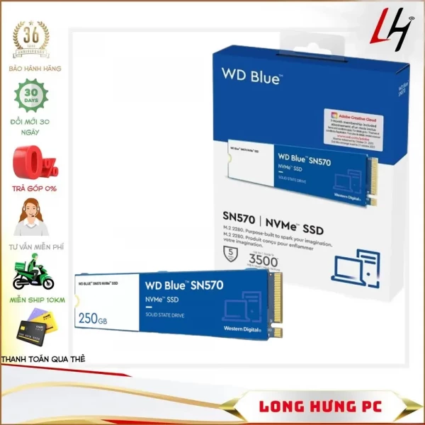 Ổ cứng SSD Western Digital Blue SN570 250GB PCIe Gen3 x4 NVMe M.2(Đọc 3300MB/s - Ghi 1200MB/s) - (WDS250G3B0C)