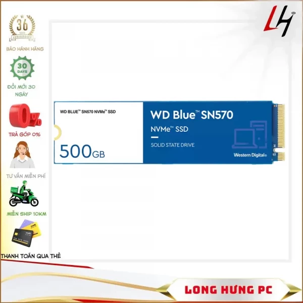 Ổ cứng SSD WD SN570 Blue 500GB M.2 2280 PCIe NVMe 3x4 (Đọc 3500MB/s - Ghi 2300MB/s) - (WDS500G3B0C)