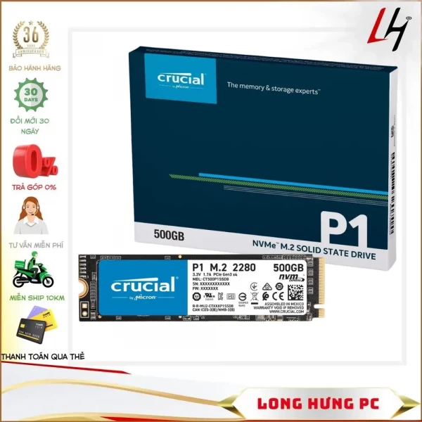 Ổ cứng SSD Crucial P1 500GB NVMe M.2 2280 PCIe Gen 3x4 (Đọc 1900MB/s - Ghi 950MB/s)