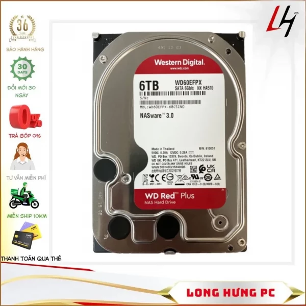 Ổ cứng HDD Western RED NAS PLUS 6TB (3.5 inch, SATA3 6Gb/s, 128MB Cache, 5640rpm)