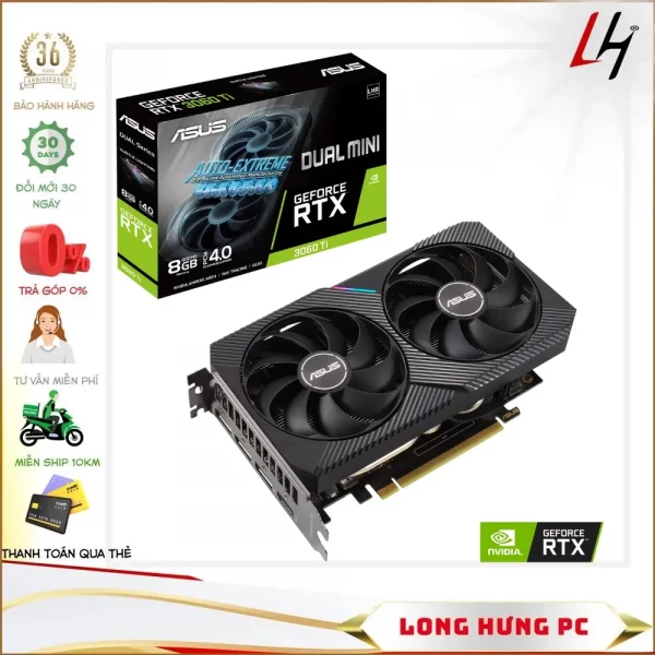 VGA Asus DUAL RTX 3060 Ti 8G MINI V2 (8GB GDDR6, 256-bit, HDMI +DP, 1x8-pin)